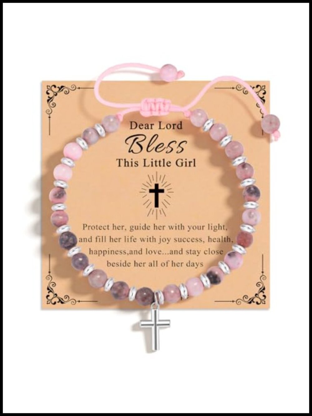 Adjustable Pink Zebra Stone Bracelet, 925 Sterling Silver Cross Charm Easter